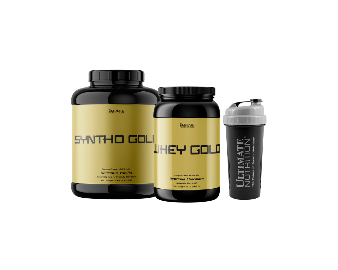 Three supplement containers labeled 'Syntha Gold' and 'Whey Gold' with a shaker.