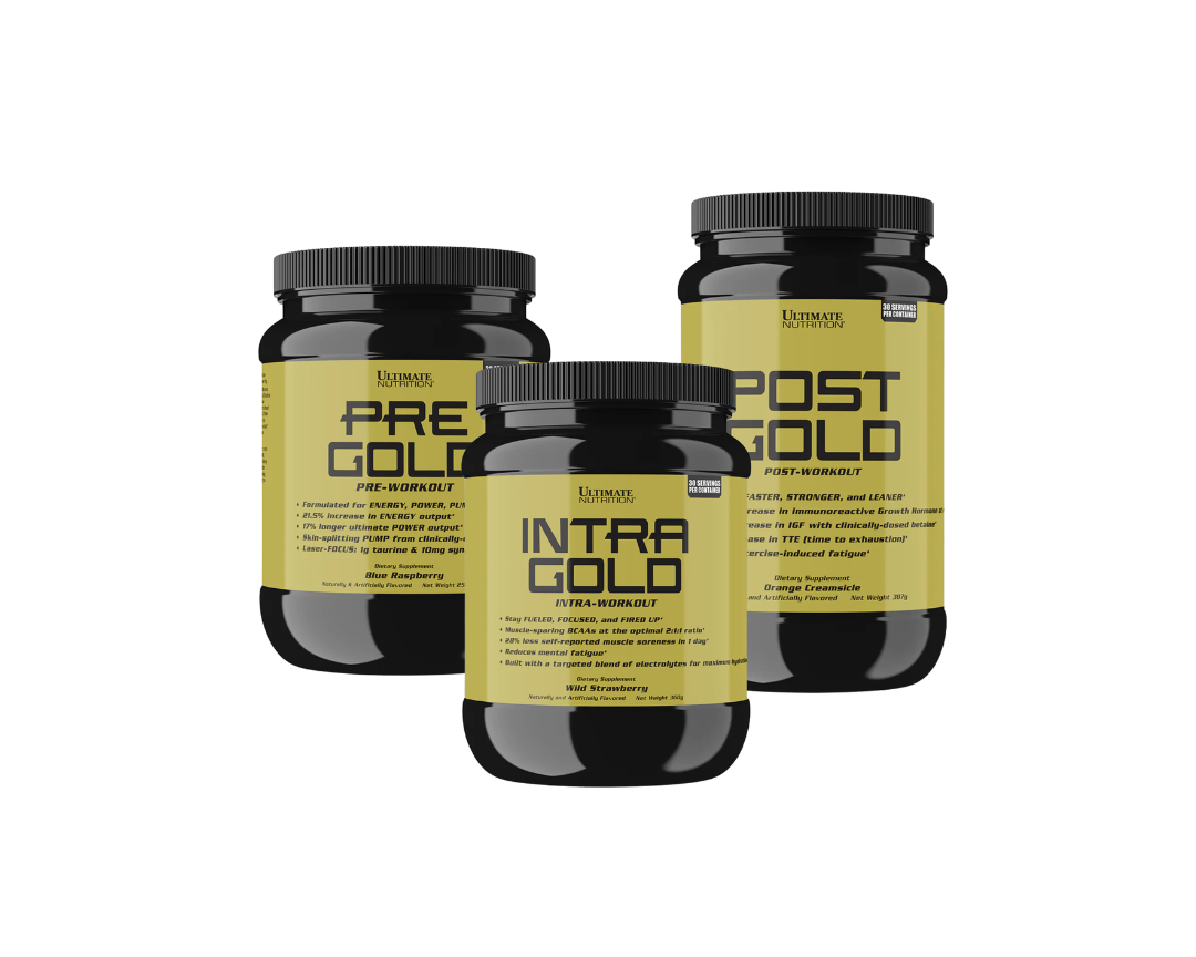 Three supplement bottles labeled 'Pre Gold', 'Intra Gold', and 'Post Gold' on a white background.